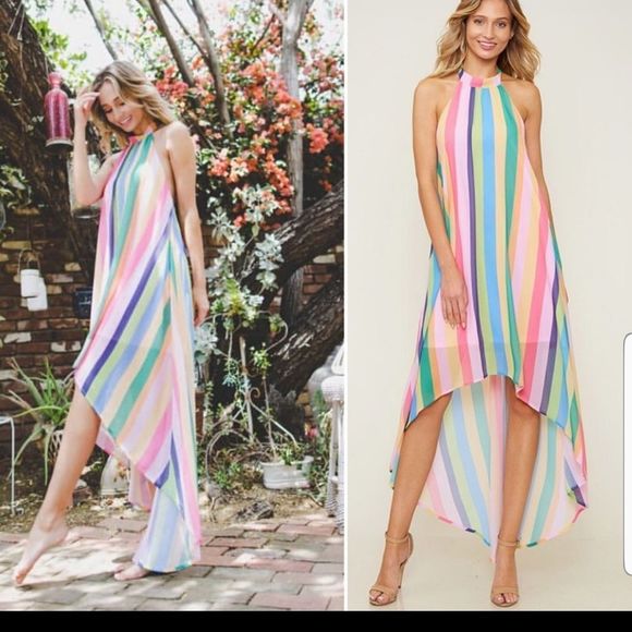 Fantastic Fawn Rainbow Hi-living High Low Halter Backless Dress Size Large - Picture 1 of 8